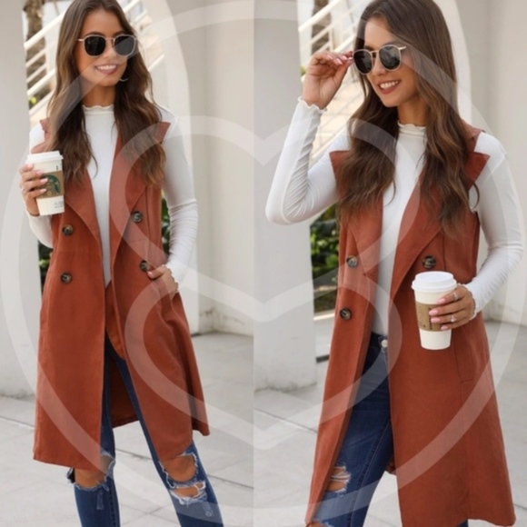 Waterfall button long pocket Vest jacket - rust - Picture 3 of 3